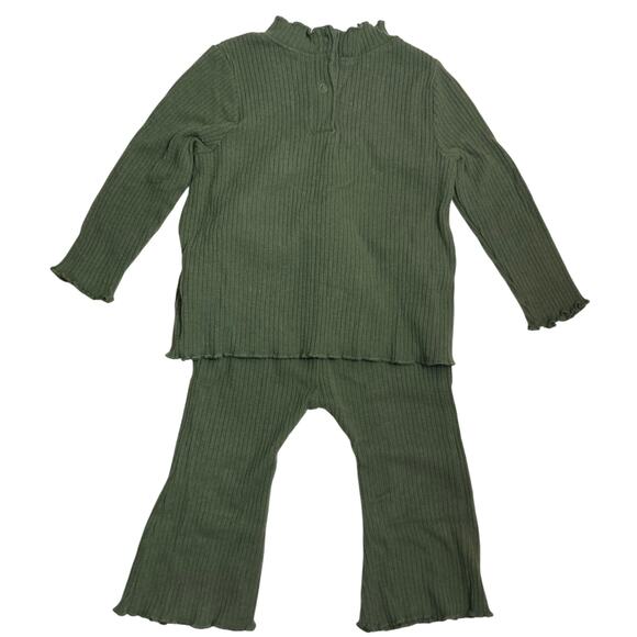Old Navy Two Piece Green Rib Knit Ruffle Neck Flare Pants Matching Set Outfit - Picture 2 of 10